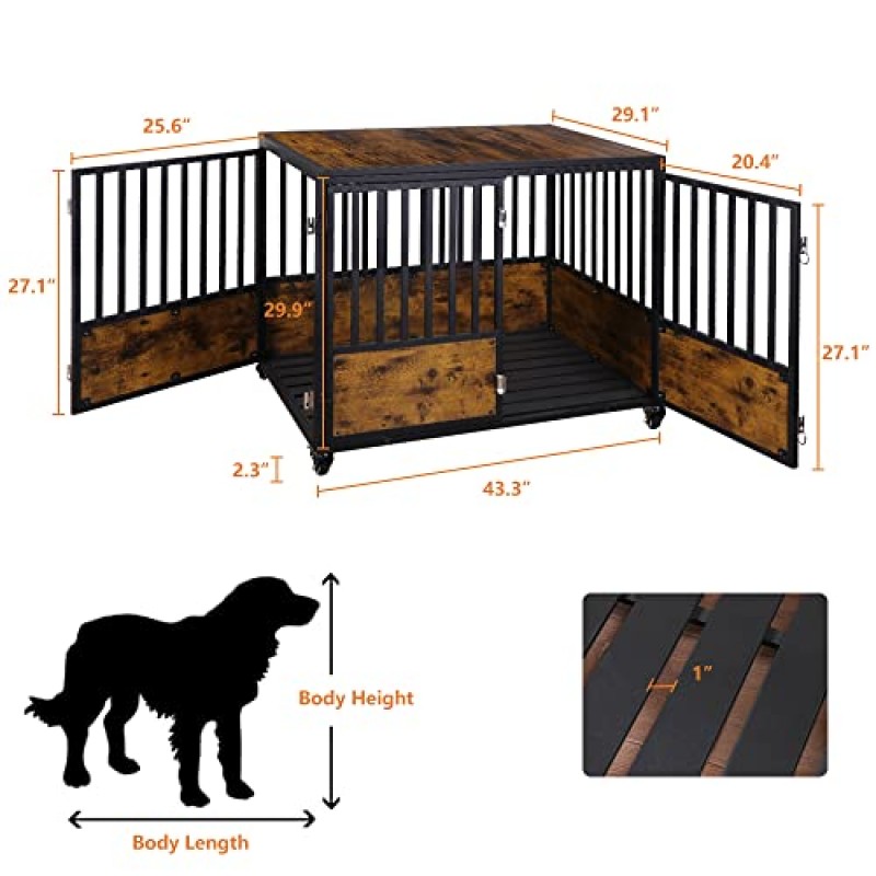AGESISI 개 상자 가구 44인치 나무 개 개집, 애완 동물 상자 끝 테이블(문 2개 포함), 중형 및 대형견용 잠글 수 있는 바퀴 4개가 있는 실내 개 케이지, 러스틱 브라운