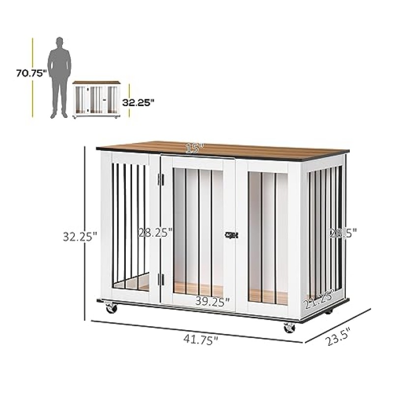 PawHut 바퀴 달린 대형 개 상자 가구, 대형 개용 잠금 가능 도어가 있는 실내 개 상자 끝 테이블, 42