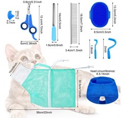 9 조각 고양이 목욕 가방 세트 고양이 샤워 가방 애완 동물 세척 브러시 빗, 고양이 총구, 손톱깎이, 네일 파일, 진드기 도구 (파란색, 청록색) 용 물린 방지 및 긁힘 방지 고양이 손질 가방