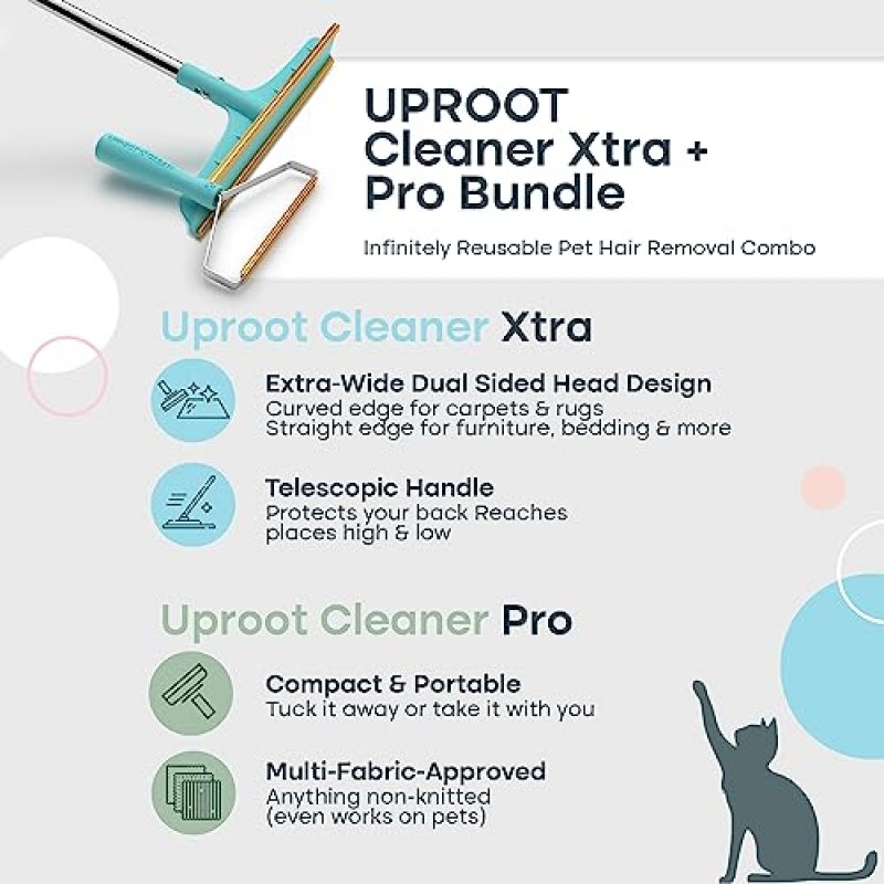 Uproot Clean 애완동물 머리 제거제 번들 - Xtra & Pro 포함 - 개 머리 제거제 및 카펫 스크레이퍼 모델 - 간편한 고양이 머리 제거제 및 소파, 옷 및 러그용 애완동물 머리 제거제 - 모든 머리카락을 제거합니다!