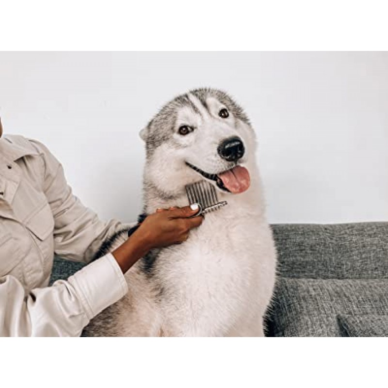 개와 고양이를 위한 Tuff Pupper 엉킴 방지 빗 - 개를 위한 당사의 매트 제거 도구로 죽은 털, 헝클어진 털, 엉킨 털을 쉽고 안전하게 제거 | 인체공학적, 미끄럼 방지 안전 손잡이는 가장 단단한 매듭에 대한 정밀한 제어 및 활용 기능을 제공합니다.