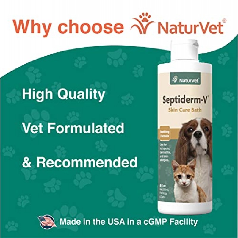 NaturVet Septiderm-V 개와 고양이용 스킨 케어 목욕 워시 – 피부염, 개 피부 알레르기, 가려움증, 핫스팟을 위한 애완동물 건강 보조제 – 애완동물 샴푸, 미용 보조제 – 8온스.