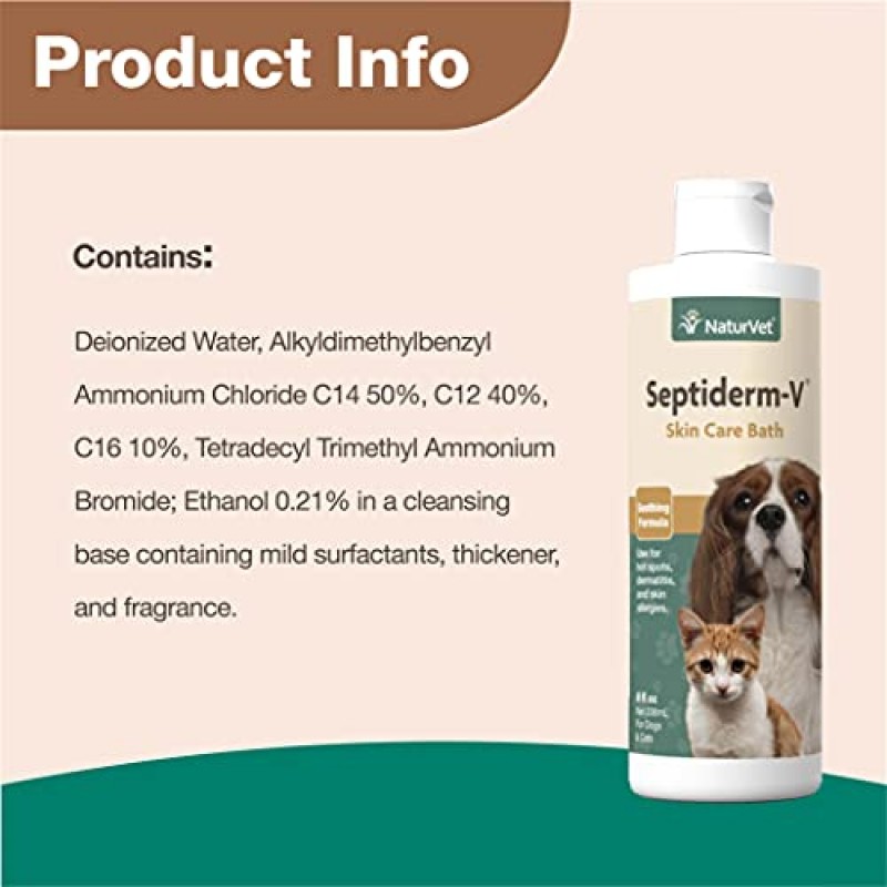 NaturVet Septiderm-V 개와 고양이용 스킨 케어 목욕 워시 – 피부염, 개 피부 알레르기, 가려움증, 핫스팟을 위한 애완동물 건강 보조제 – 애완동물 샴푸, 미용 보조제 – 8온스.