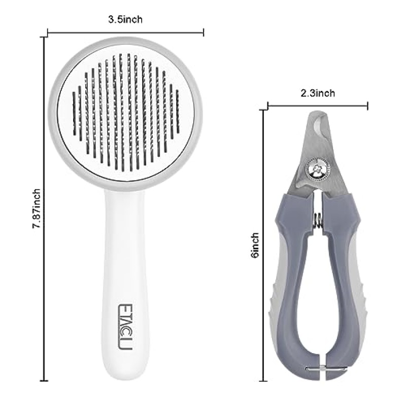 해제 버튼이 있는 ETACCU 고양이 브러시, 털갈이를 위한 자체 청소 개 브러시, 장발 고양이를 위한 애완동물 털 브러시, 고양이 그루밍 브러시 고양이 빗 마사지 느슨한 털 제거 + 애완동물 손톱깎이 및 파일(회색)