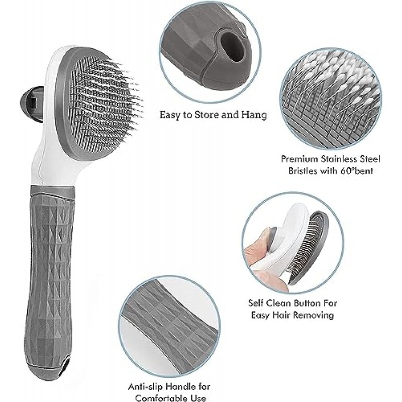 릴리스 버튼이 있는 개 브러시 털 빗을 위한 고양이 브러시 머리 빗, 고양이 손질 슬리커 브러시 키트, 개 애완 동물을 위한 자가 청소, 장모 또는 짧은 머리 고양이를 위한 고양이 모피 브러시 새끼 고양이 애완 동물(회색)