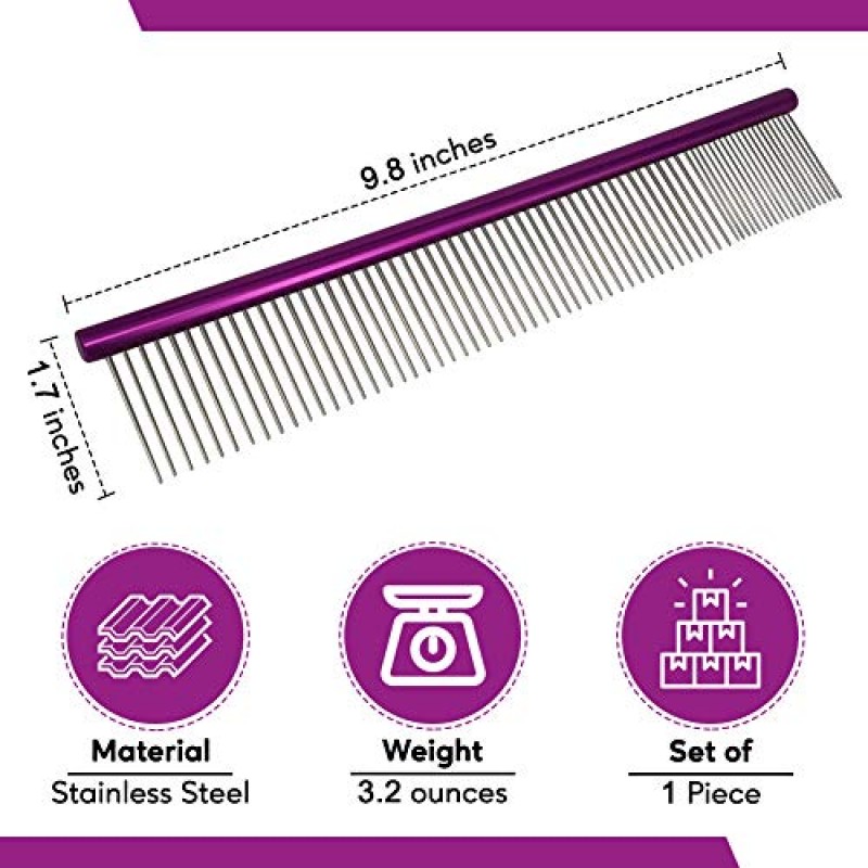 애완동물 빗 10인치 편안한 그루밍 빗, 서로 다른 간격의 둥근 스테인리스 스틸 이빨, 쉽게 잡을 수 있고 애완동물을 위한 편리한 손질 개 중간 거친 털을 가진 고양이 - 보라색