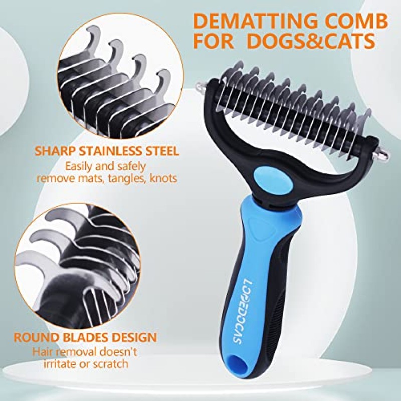 LOPEDOCAS Deshedding Brush, 개 및 고양이 용 양면 언더 코트 갈퀴, 엉킴, 매듭, 매트, 인체 공학적으로 설계된 핸들, 고양이 및 개용 디매팅 빗, 파란색, 대형용 9+17 치아