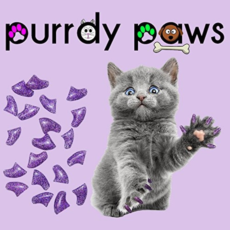 Purrdy Paws 40 팩 고양이 발톱용 소프트 네일 캡 보라색 홀로그램 글리터 새끼 고양이