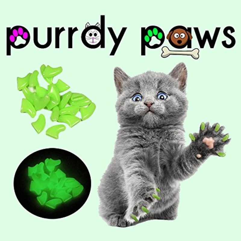 Purrdy Paws 6개월 공급 고양이용 소프트 네일 캡 어둠 속의 녹색 빛 새끼 고양이 - 추가 접착제