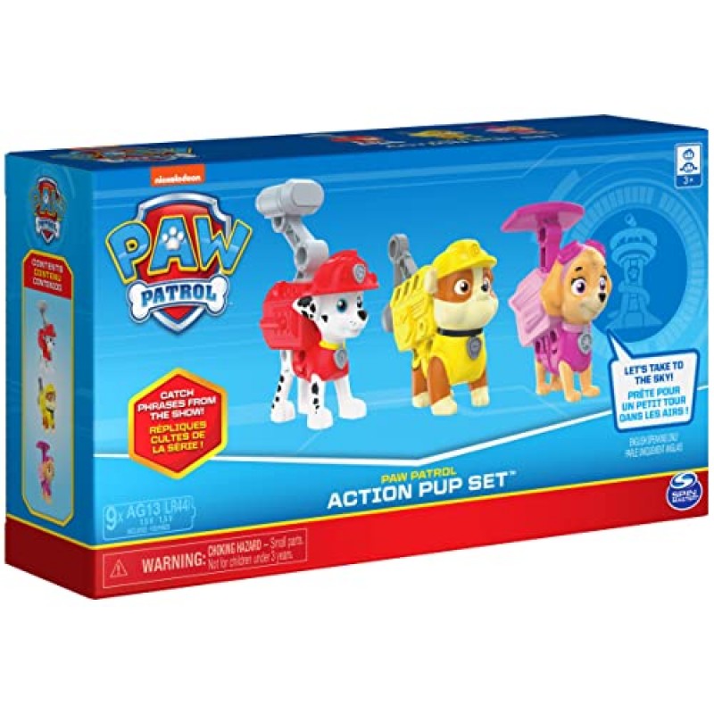 Paw Patrol, Action Pack Pups Marshall, Skye and Rubble 소리와 문구가 포함된 수집용 장난감 피규어 3팩