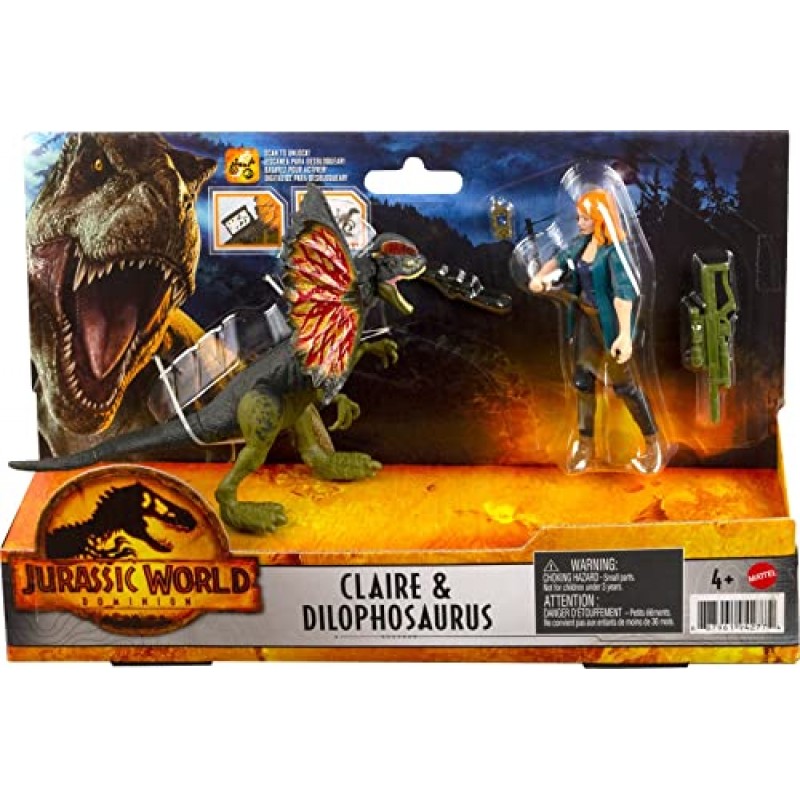 Mattel 쥬라기 월드 장난감 Dominion Human and Dino Pack, Claire & Dilophosaurus 액션 피규어 장난감 및 액세서리