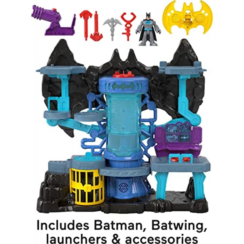 DC 슈퍼 프렌즈 Imaginext 배트맨 피규어 및 Bat-Tech Batcave 플레이 세트(조명 및 사운드 포함) 유치원 역할 놀이용, 플레이 피스 6개