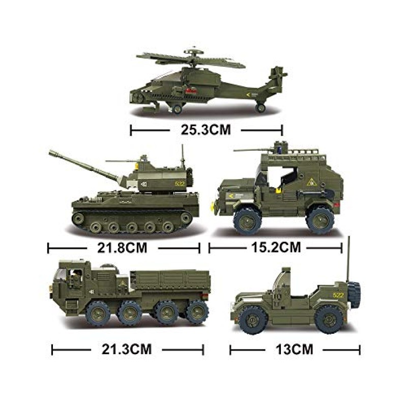 Sluban M38-B0208 블록 육군 벽돌 장난감 하인드 헬리콥터, T-90 주 전투 탱크, 육군 수송차, 육군 Je-ep, 배회 차량, 1 세트, 25.2