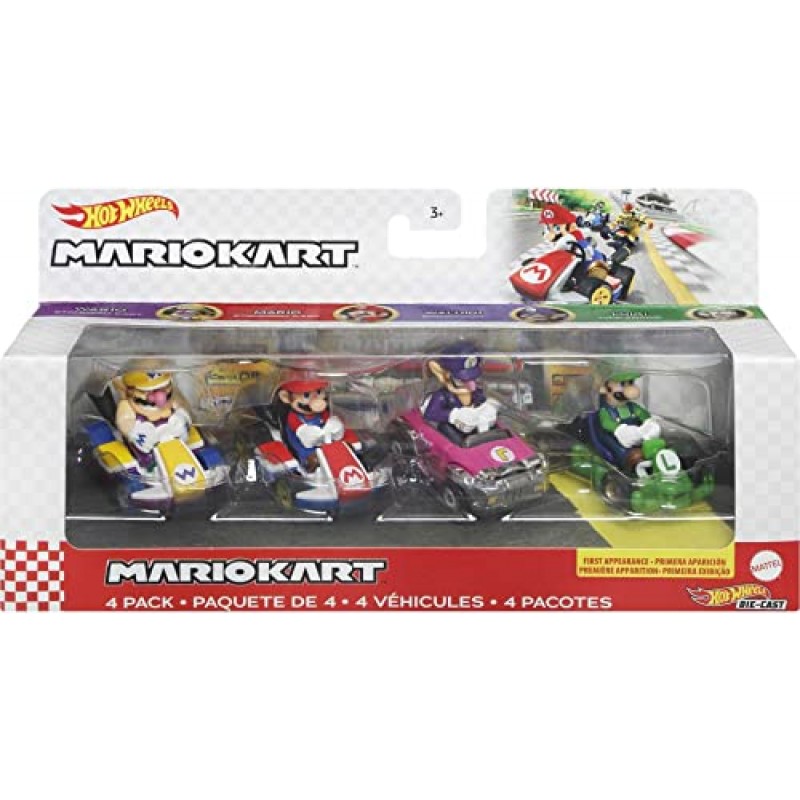 Hot Wheels Mario Kart 차량 4팩, 팬이 좋아하는 캐릭터 4개 세트 독점 모델 1개 포함, 3세 이상 어린이와 팬을 위한 수집용 선물