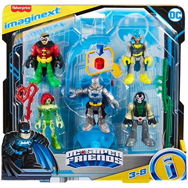 Imaginext DC 슈퍼 프렌즈 배트맨 장난감, 배트맨 배틀 멀티팩, 3~8세 척 놀이용 라이트업 백팩이 포함된 9피스 피규어 세트