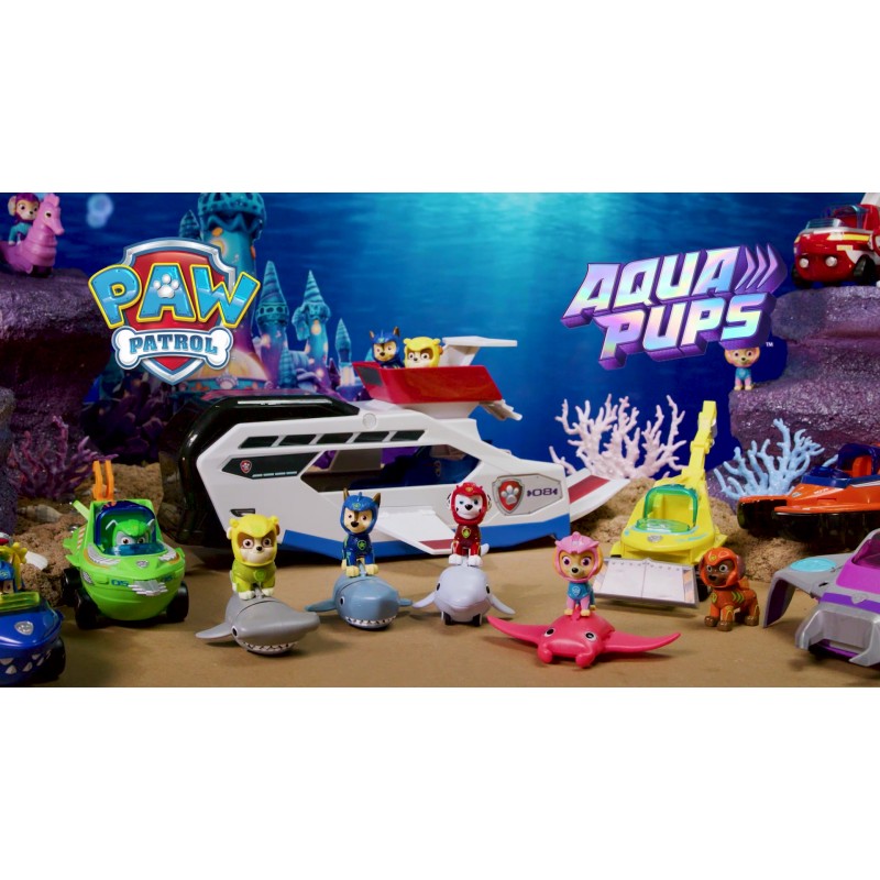 Paw Patrol Aqua Pups 고래 순찰 팀 차량 체이스 액션 피규어, 장난감 자동차 및 차량 발사 장치, 3세 이상 어린이용 장난감 포함