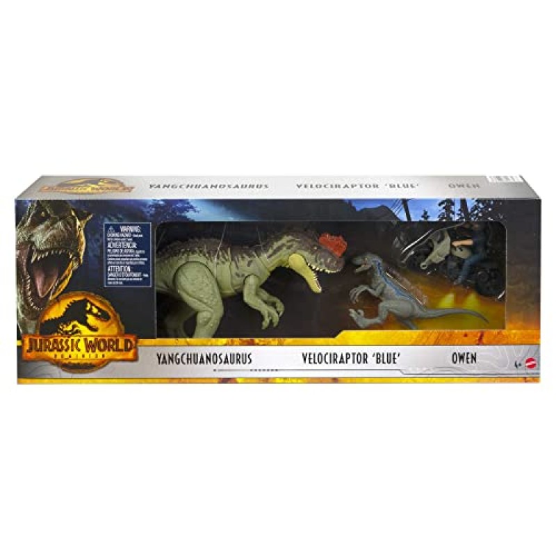 Jurassic World Dominion 3 팩 피규어 및 공룡, Owen Grady 오토바이 Yangchuanosaurus 및 블루, 헬멧 및 진정제, 4세 이상