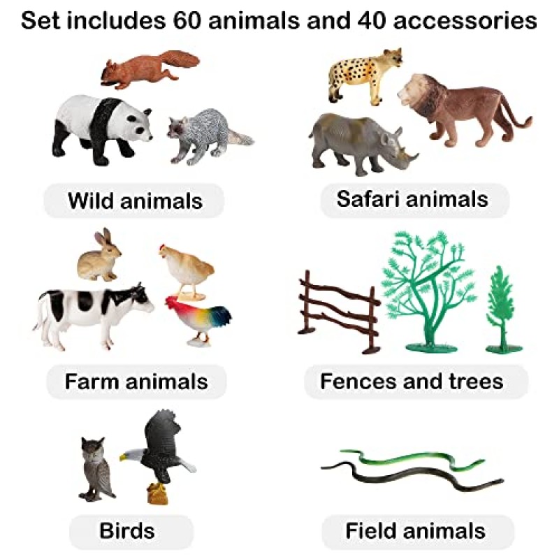 마이그레이션 동물 플라스틱 피규어 플레이 세트 100피스 세트, 야생, 사파리, 동물원, 정글, 농장, 숲, 사막, 해양 동물, 새, 액션 장난감 피규어 액세서리 및 컨테이너 포함