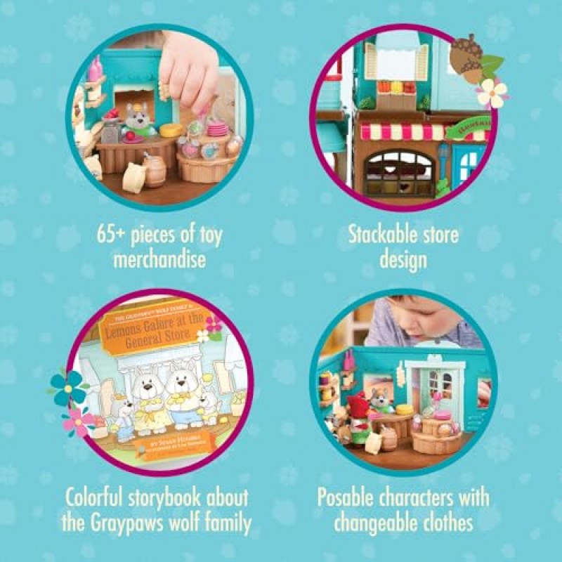 Lil Woodzeez - 장난감 피규어 플레이 세트 – 잡화점 플레이하우스 – 쌓을 수 있음 – 미니 가구 및 놀이 음식 – 스토리북 및 포즈 가능한 피규어 포함 – 3년 이상