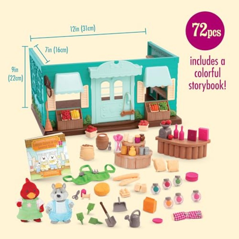 Lil Woodzeez - 장난감 피규어 플레이 세트 – 잡화점 플레이하우스 – 쌓을 수 있음 – 미니 가구 및 놀이 음식 – 스토리북 및 포즈 가능한 피규어 포함 – 3년 이상