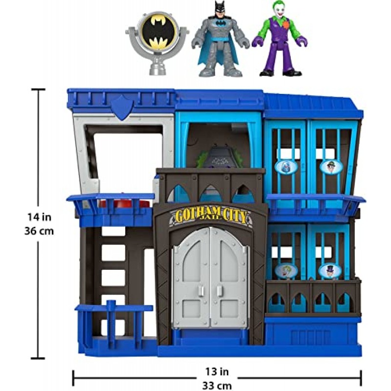 Imaginext DC 슈퍼 프렌즈 배트맨 장난감 고담 시티 감옥 재충전 플레이 세트(3세 이상 척 플레이용 피규어 2개 포함)