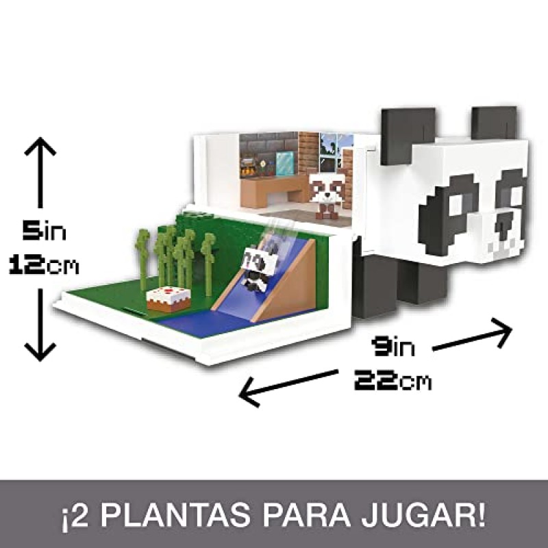 마텔 마인크래프트 마피아 헤드 미니 장난감, 팬더 플레이하우스 플레이 세트 및 팬더 액션 피규어 2개, 탈착식 죽순 및 케이크 조각