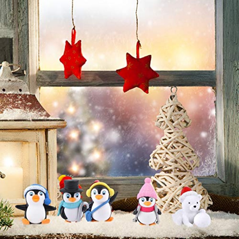 FEPITO 12 Pcs 겨울 수 지 펭귄 북극곰 눈송이 DIY 정원 홈 장식 크리스마스 장식품에 대 한 미니어처 입상 미니 크리스마스 피규어