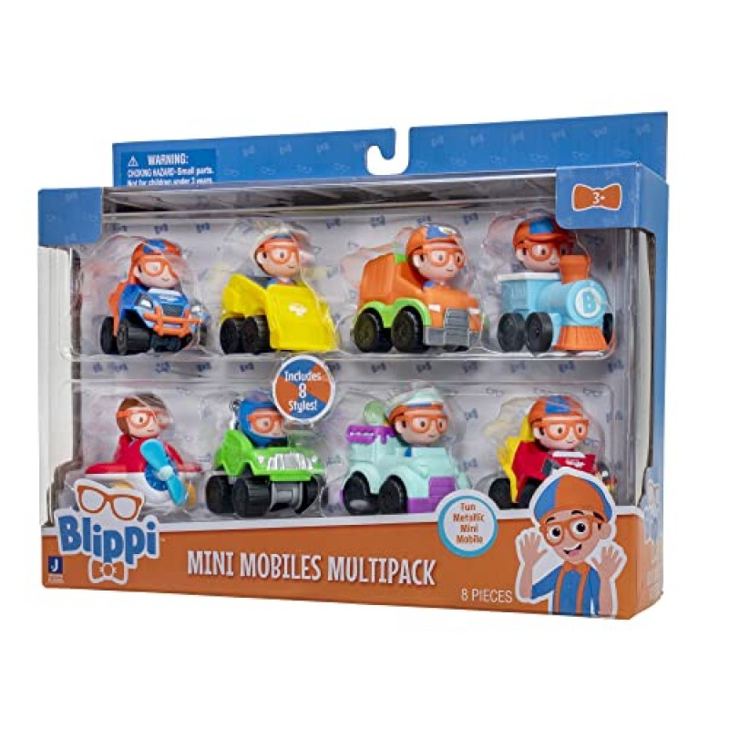 Blippi 미니 모빌 8팩, 2인치 독특한 미니 모빌 1개와 2인치 밝은 색상의 미니 모빌 7개 포함