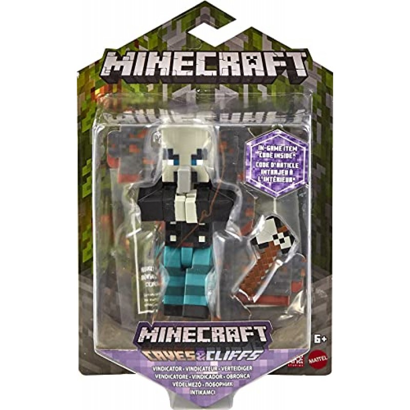 Minecraft Craft-A-Block Vindicator 피규어, 실제 픽셀화된 비디오 게임 캐릭터, 만들고 탐색하고 생존할 수 있는 액션 장난감, 6세 이상 팬을 위한 수집용 선물