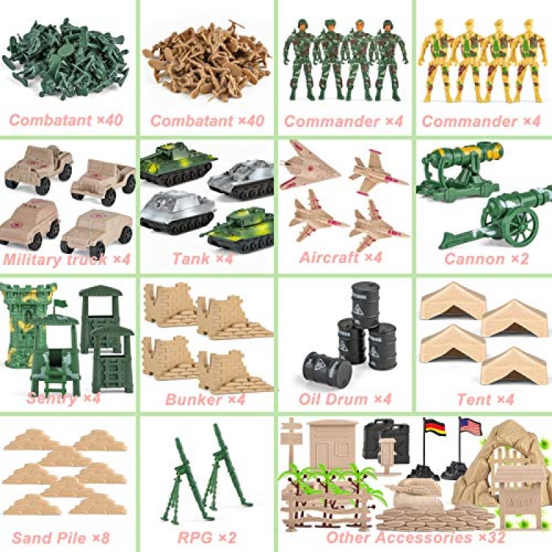 Divwa 육군 남자 장난감 소년 8-12, 군사 군인 육군 기지 160 Pcs 세트 WW2 카키 녹색 플라스틱 및 아이를위한 핸드백과 액세서리 포함