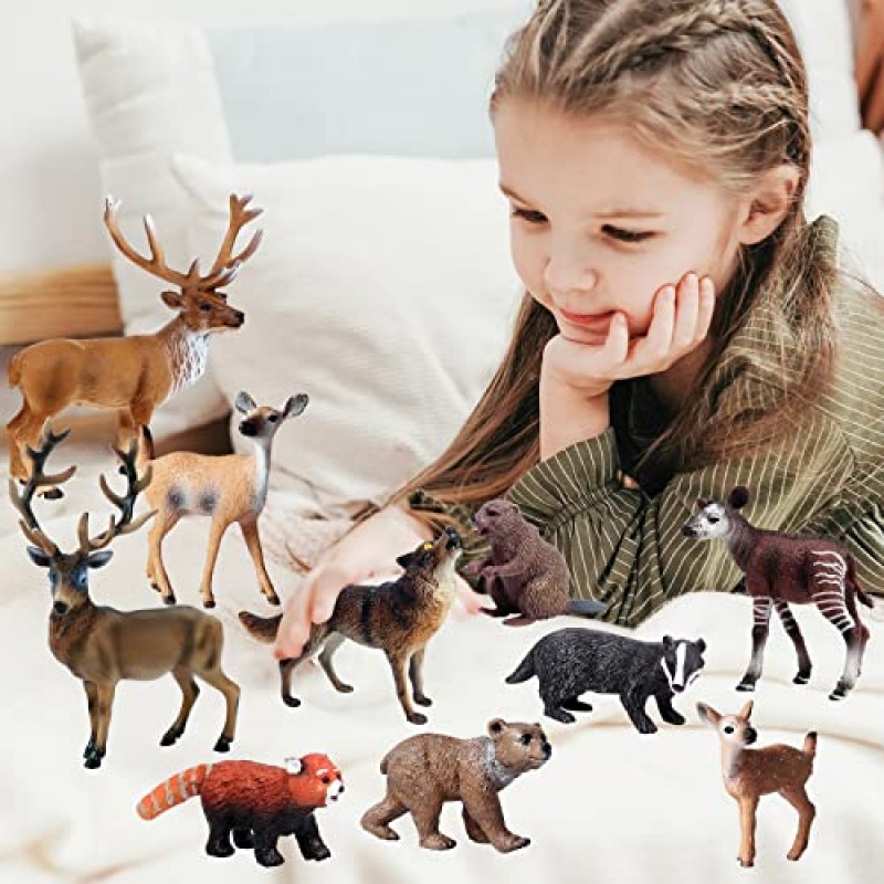 10PCS 우드랜드 동물 인형, 플라스틱 숲 동물 피규어 장난감, 사슴 엘크 늑대 곰 등의 소형 동물 장난감, 어린이를위한 케이크 토퍼 크리스마스 장식 선물