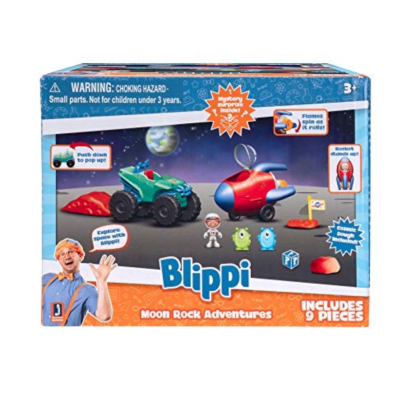 Blippi Moon Rock Adventures - 우주 로켓, 몬스터 모바일, 우주비행사 캐릭터 피규어, 깃발, 램프, 녹색 외계인, 블루 외계인, 깜짝 외계인, 우주 모래 포함 - 아마존 독점