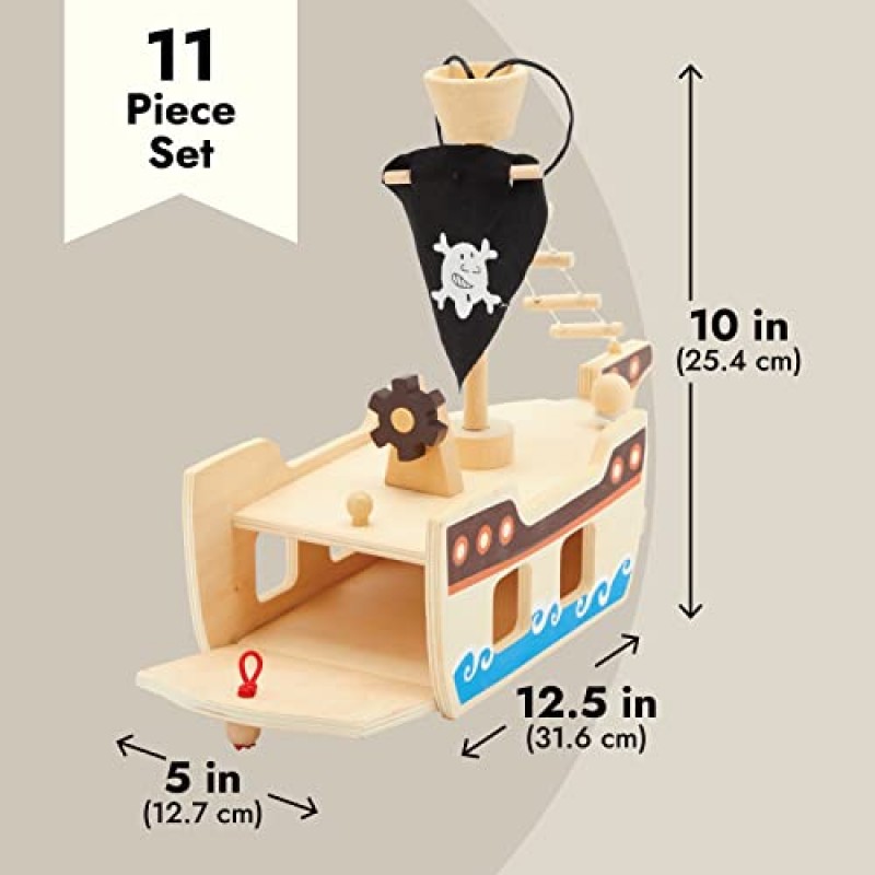 BLUE PANDA 어린이를 위한 나무 해적선 - 해적선과 해적 인형이 포함된 해적 플레이 세트(11개, 3세 이상)