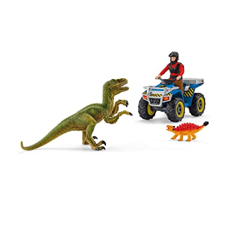 Schleich Dinosaurs, 남아 및 여아용 공룡 장난감 세트, ATV 트럭이 포함된 벨로시랩터 쿼드 탈출 세트, 4세 이상