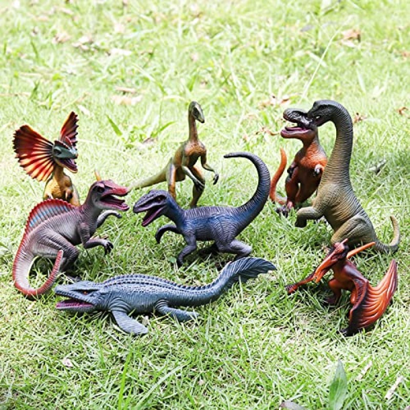 어린이와 유아를 위한 8PCS 현실적인 공룡 장난감, 3-5인치 플라스틱 공룡 피규어, T-Rex, Spinosaurus, Mosasaurus, Dilophosaurus 등이 포함된 케이크 토퍼 파티 호의 공룡 인형 세트