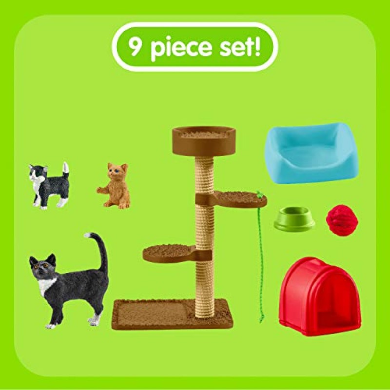 Schleich Farm World 귀여운 고양이와 새끼 고양이 놀이 시간 조각상 세트 - 9피스 현실적인 엄마 고양이와 아기 고양이 조각상 유아, 소년 및 소녀를 위한 대형 플레이 세트, 3세 이상 어린이를 위한 선물