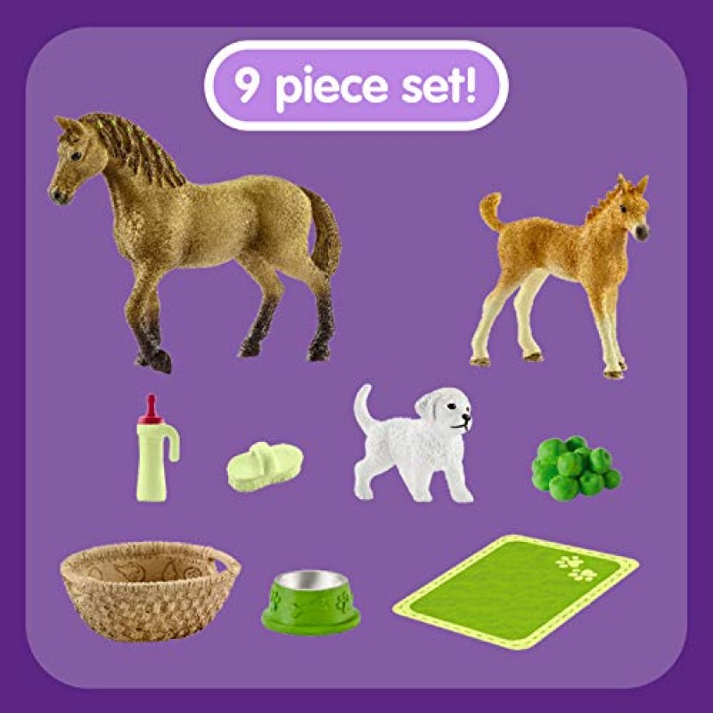 Schleich Horse Club 사라의 아기 말 동물 관리 작은 입상 장난감 세트 - 작은 농장 동물 관리 말, 망아지, 강아지 액세서리 포함 소년 소녀용 놀이 장난감 세트, 5세 이상 어린이를 위한 선물