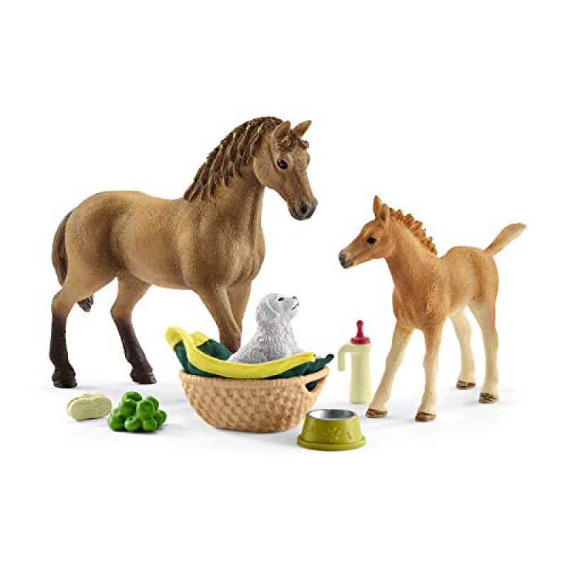 Schleich Horse Club 사라의 아기 말 동물 관리 작은 입상 장난감 세트 - 작은 농장 동물 관리 말, 망아지, 강아지 액세서리 포함 소년 소녀용 놀이 장난감 세트, 5세 이상 어린이를 위한 선물