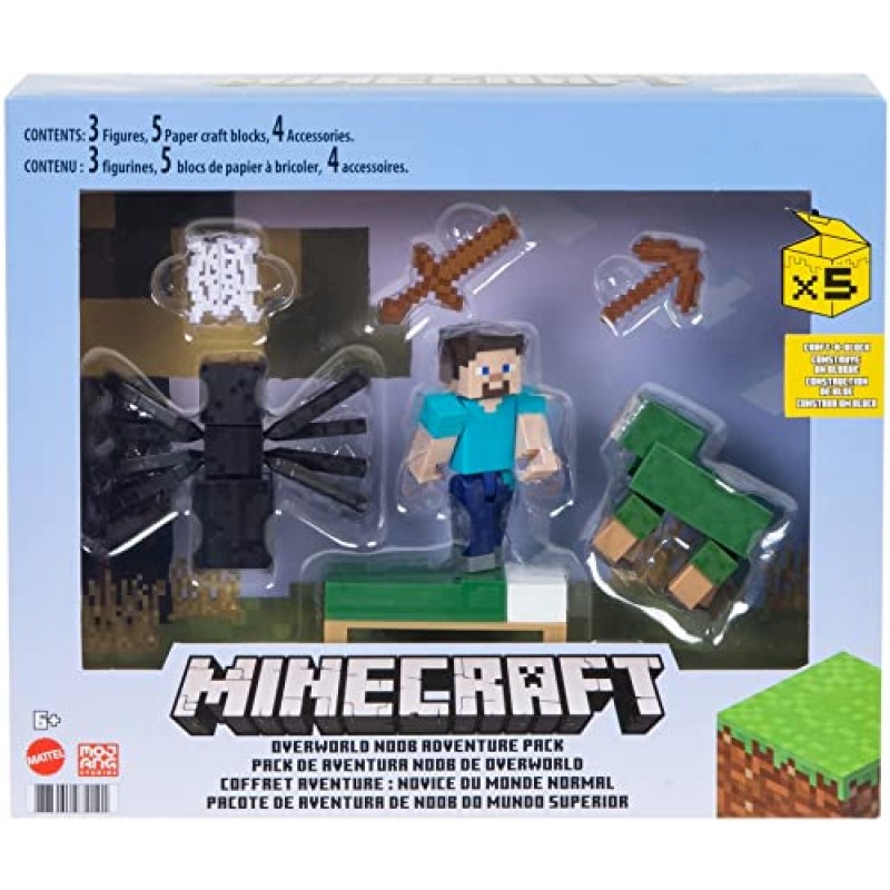 Mattel Minecraft Overworld Noob Adventure 팩 피규어 액세서리 및 종이 공예 블록, 완벽한 상자 속 놀이, 6세 이상 어린이를 위한 장난감