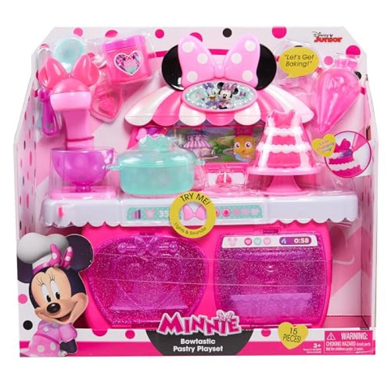 Minnie Bow-Tique Bowtastic Kitchen Playset, Just Play의 3세 이상용 공식 라이센스 어린이 장난감