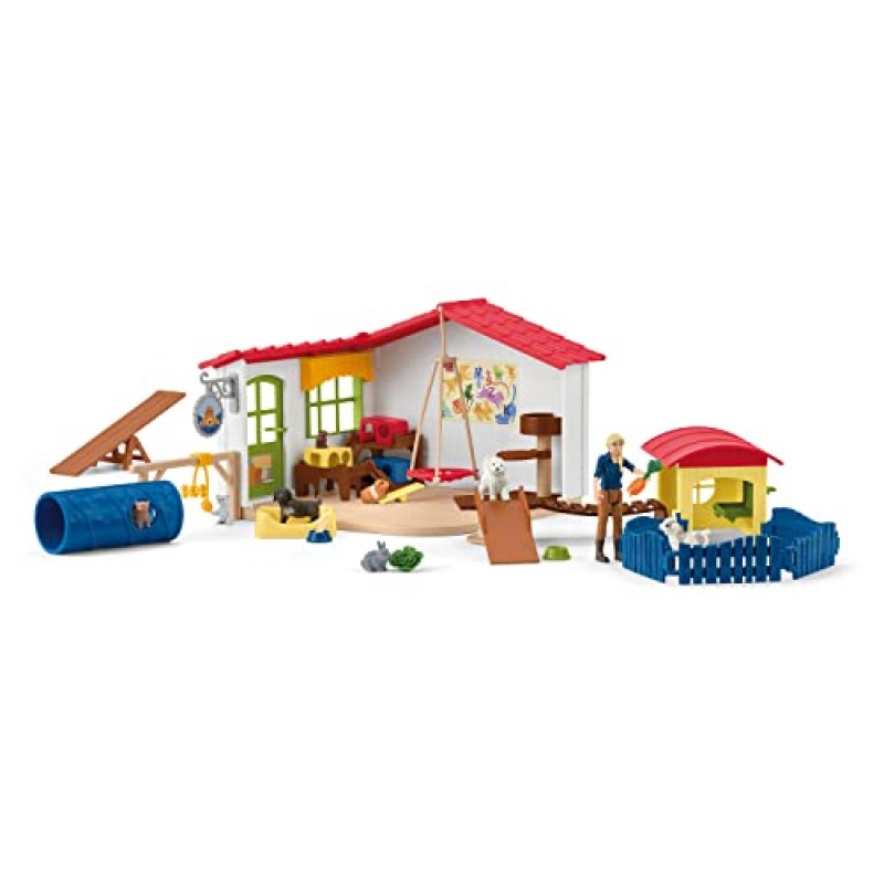 Schleich Farm World 아기 애완동물 동물 놀이 호텔(관리인 입상 포함) - 개, 고양이, 토끼, 액세서리 등이 포함된 대형 54피스 플레이 세트, 남아 및 여아를 위한 상상력, 3세 이상 어린이를 위한 선물