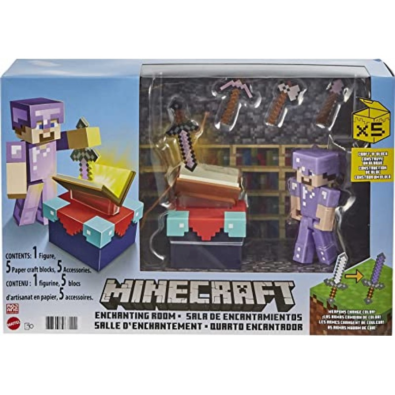 3.25인치 스티브 피겨 및 액세서리가 포함된 Mattel Minecraft 매혹적인 방, 스토리텔링 모험 플레이 세트, 완전한 상자 속 놀이 세트, 6세 이상 어린이를 위한 선물