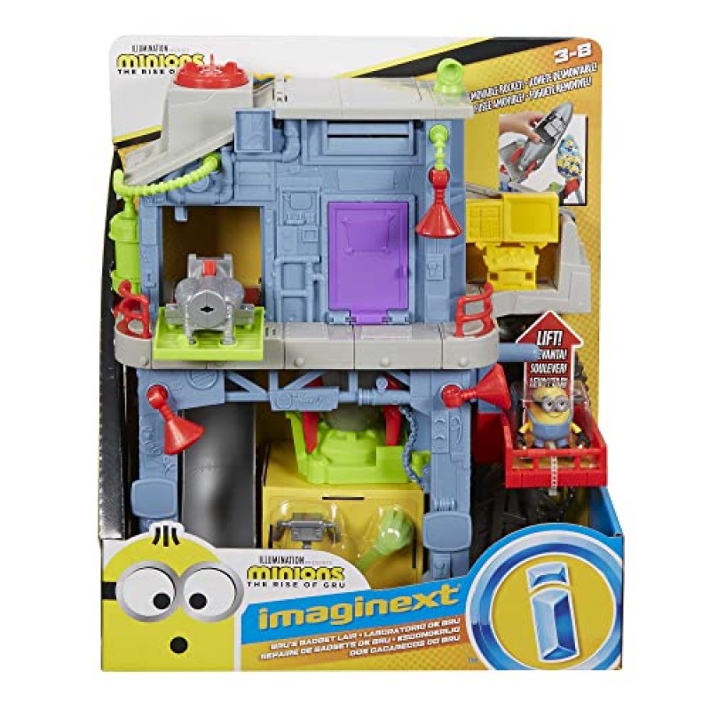 Imaginext Minions 3세 이상 미취학 아동을 위한 Minion Otto 피규어 및 장난감 로켓이 포함된 Gru Gadget Lair 플레이 세트의 부상