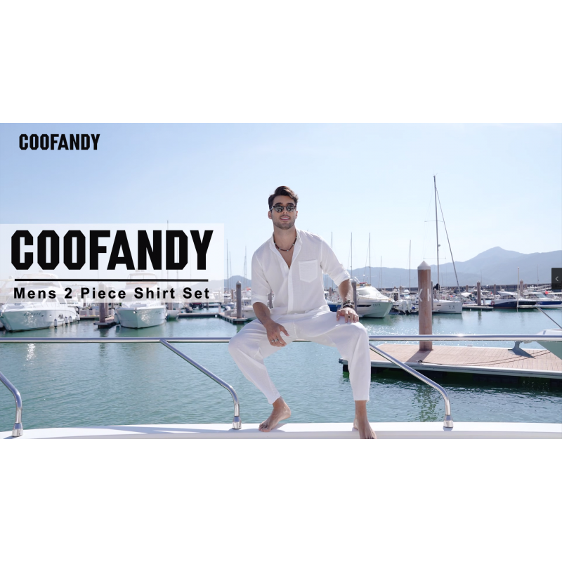 COOFANDY 남성용 2피스 리넨 세트 캐주얼 버튼 다운 셔츠 바지 캐주얼 비치 여름 요가 의상