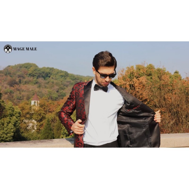 MAGE 남성 남성 2 조각 슬림 피트 꽃 턱시도 정장 페이즐리 피크 옷깃 원 버튼 싱글 브레스트 정장 재킷 바지 세트