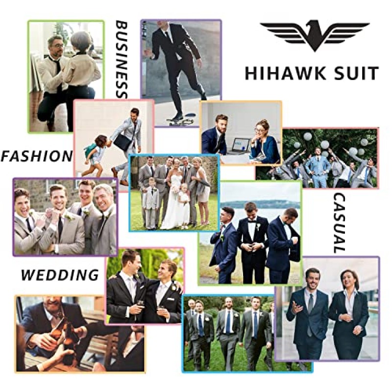 Hihawk 남성용 2피스 슬림핏 슈트, 신축성 있는 원단, 솔리드 원버튼 블레이저 재킷 조끼 바지 세트, 넥타이.