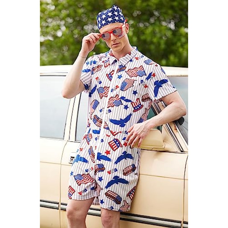 Mainfini Mens 7월 4일 Rompers American Flag Onesie 반팔 지퍼 의상 USA Flag 전체 포켓 포함