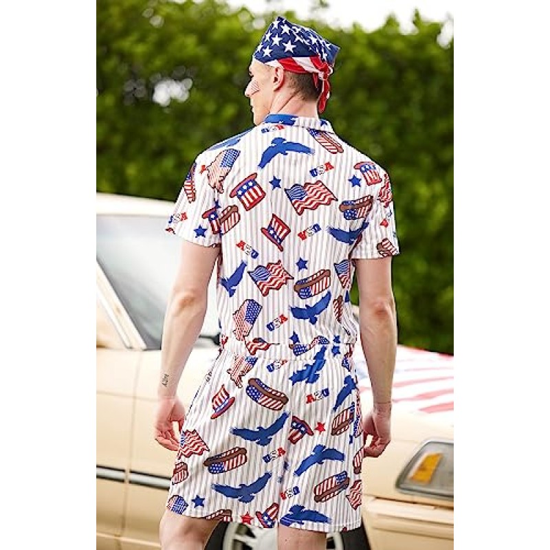 Mainfini Mens 7월 4일 Rompers American Flag Onesie 반팔 지퍼 의상 USA Flag 전체 포켓 포함