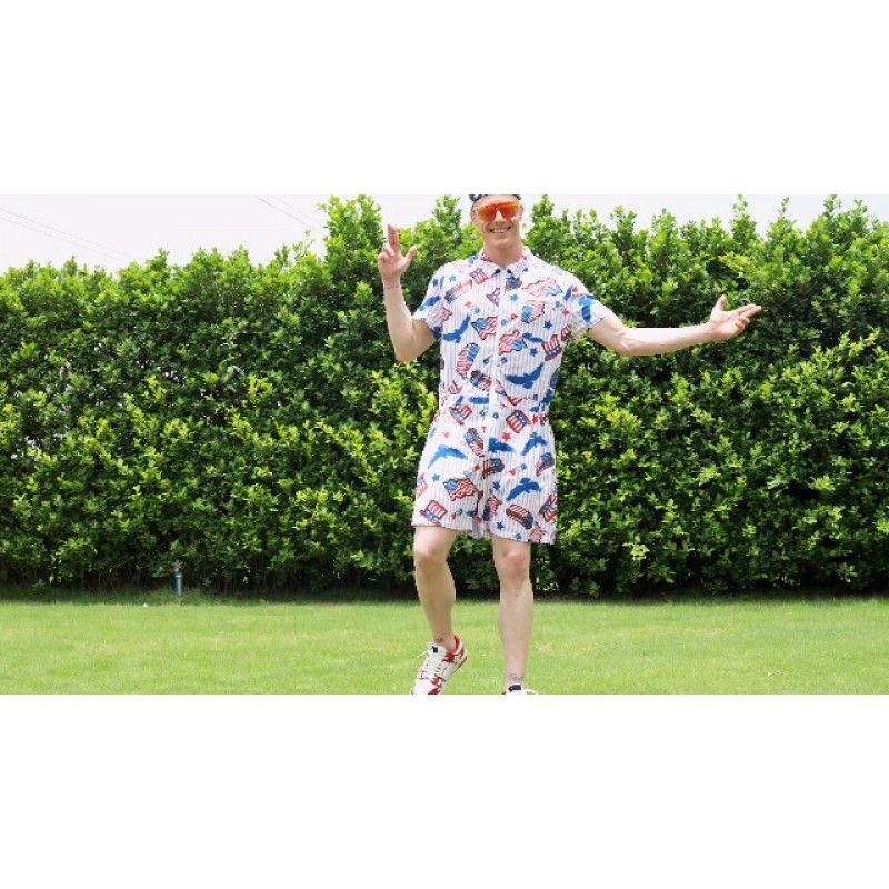 Mainfini Mens 7월 4일 Rompers American Flag Onesie 반팔 지퍼 의상 USA Flag 전체 포켓 포함