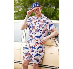 Mainfini Mens 7월 4일 Rompers American Flag Onesie 반팔 지퍼 의상 USA Flag 전체 포켓 포함
